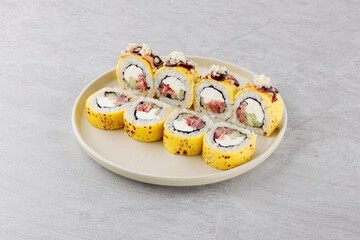 Gourmet sushi roll with tuna and cheddar cheese