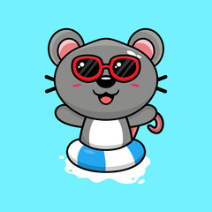 Vector cute mouse in sunglasses floating with swimming. flat cartoon style