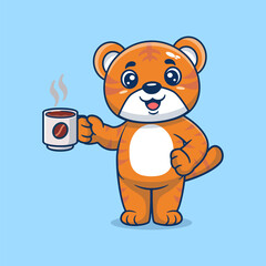 Cute tiger drinking coffee cartoon icon illustration. Animal drink icon concept isolated flat cartoon style