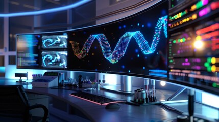 3D Scene of a Geneticist's Workstation with a Large Curved Monitor