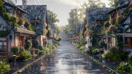Naklejka premium Many houses line both sides of the road in the rain, with wet surfaces creating a typical rainy day scene. The view captures the houses and road under overcast skies.