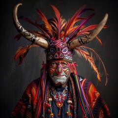 an old man with a colorful headdress and horns