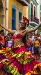 Obraz premium a woman in a colorful dress dancing in the street