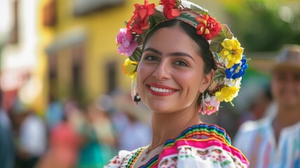 a woman in a mexican costume smiling