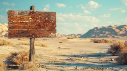 Fototapeta premium Old blank wooden sign standing in the middle of a desert