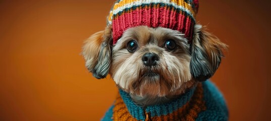 Shih Tzu Wearing Vibrant Knit Sweater and Hat on Orange Background