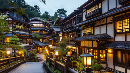 Obraz premium 夕暮れの温泉街の伝統的な風景