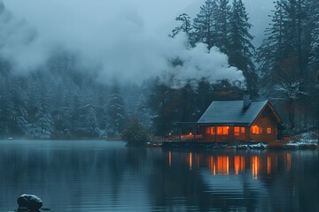 Fototapeta premium Cozy Winter Cabin by Misty Lake at Dusk - Nature Retreat, Foggy Forest, Reflection in Water - Perfect for Holiday Posters and Greeting Cards