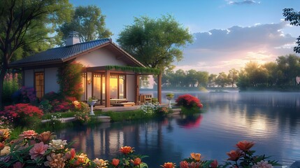 Obraz premium A beautiful small house on the bank of a river in the morning, surrounded by greenery and colorful flowers. A peaceful and charming view of the house in a serene countryside setting.