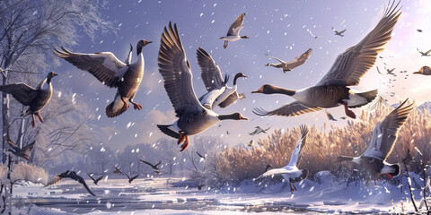 Fototapeta premium Frozen Farewell: Feathered Friends Departing Snowy Landscapes for Sunnier Skies