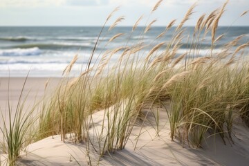 Tranquil scenery of sea oats swaying on sandy dunes with ocean waves in the background