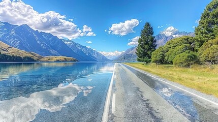   A picturesque scene of a tranquil lake beside a verdant forest, with majestic mountains in the background, all bathed under a cloud-covered blue sky