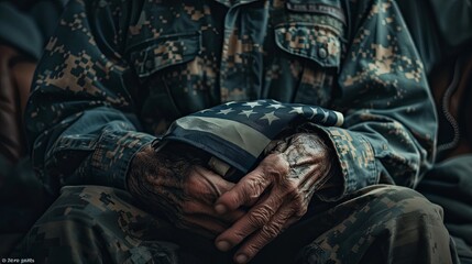 Fototapeta premium Close-up of a soldier in uniform holding an American flag, symbolizing patriotism, honor, and military service.