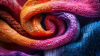 Close-up of a vibrant, multi-colored knitted fabric with rich textures and bright, warm hues creating a spiral pattern. Perfect for craft designs.