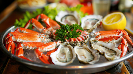 A gourmet seafood platter with oysters, crab legs, and shrimp