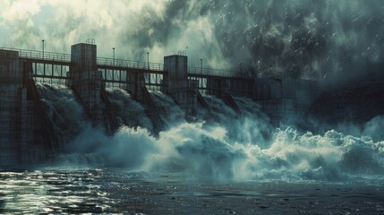 Fototapeta premium Dam water overflows, dam breaks