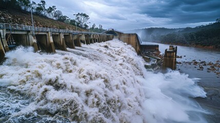 Dam water overflows, dam breaks