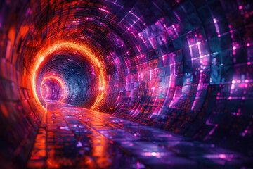 Obraz premium Glowing purple and orange squares in abstract digital tunnel, side view, featuring a captivating and futuristic design, scifi tone