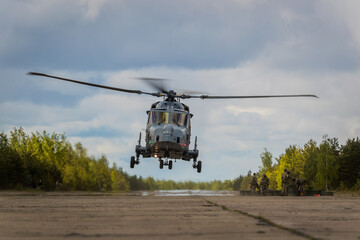 RAF, Lincolnshire, UK Royal Navy Fleet Air Arm AgustaWestland Wildcat HMA.2 Helicopter taking off