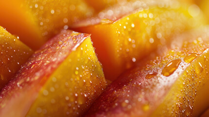 An open ripe mango sliced showing its juicy, golden flesh, close-up