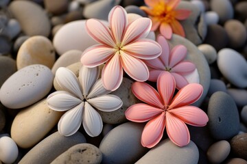 Elegant pastel flowers rest on smooth pebbles by the sea, depicting tranquility
