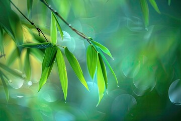 Obraz premium Close-up of fresh green bamboo leaves with dewdrops and natural bokeh background, capturing the serene beauty of nature in vivid detail.