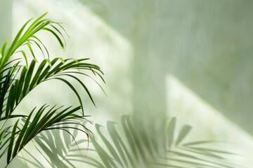 Fototapeta premium A single palm leaf casts intricate shadows on a light green wall, illuminated by bright sunlight streaming through a window