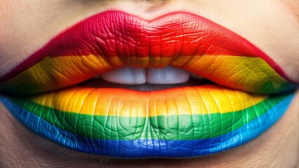 A close-up of lips painted in the colors of the rainbow flag, showcasing pride and self-expression within the LGBT community.