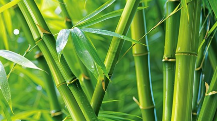 Obraz premium Close-up of vibrant green bamboo stalks and leaves in a lush natural setting, showcasing the beauty and resilience of this strong plant.