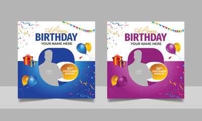 Birthday wishes social media post template, party invitation or greeting card, happy wedding anniversary celebration event square banner poster design set
