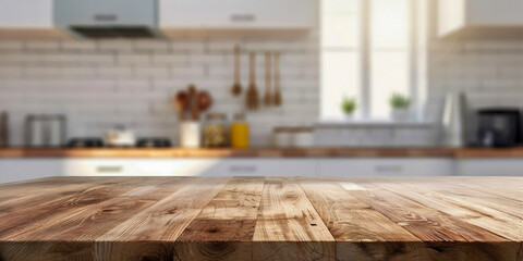 Mesa de madera vac&iacute;a con un fondo de cocina borroso para la presentaci&oacute;n de productos o composici&oacute;n de montaje en el mostrador de madera en un dise&ntilde;o interior moderno de una maqueta de cocina blanca