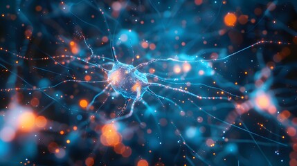 Fototapeta premium A closeup of an active neurons or cells in the brain, showing connections and signs of activity, representing mental health and nervous system.