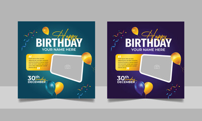 Birthday wishes social media post template, party invitation or greeting card, happy wedding anniversary celebration event square banner poster design set