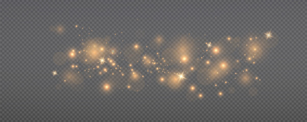 Christmas glowing bokeh confetti light and glitter texture overlay for your design. Festive sparkling gold dust png. Holiday powder dust for cards, invitations, banners, advertising.