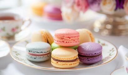 Obraz premium A selection of colorful macarons arranged on a plate, perfect for a tea party