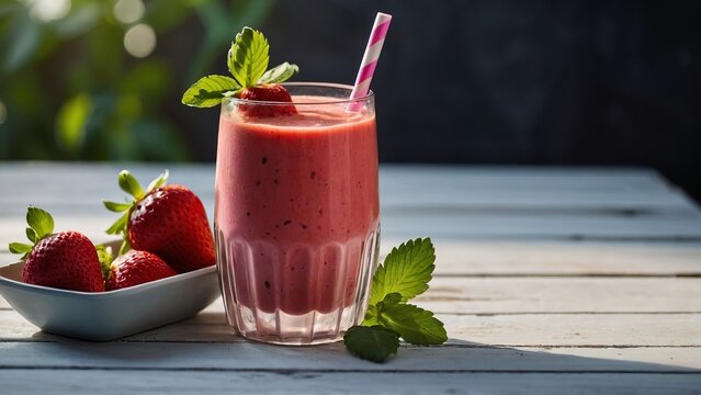 Fresh strawberry smoothie on a white wooden background Summer diet and refreshment drinks concept.