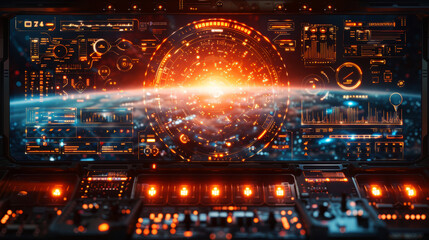 Technology and electronic in spaceship with atmosphere light of the sun and horizon on the edge of the earth looking down from the sky and space above the globe