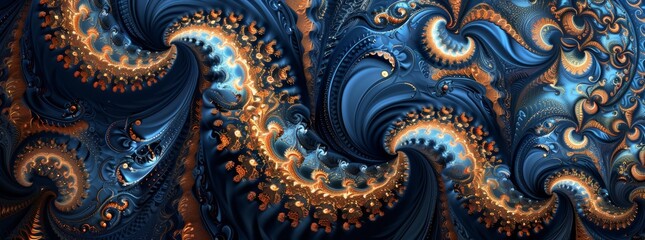 A digital artwork featuring abstract, swirling patterns in shades of blue, orange, and gold