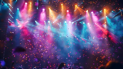 A concert stage illuminated by vibrant LED lights and colorful streamers raining down, ideal for music festivals or live performances. creating an electrifying and festive environment.