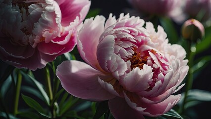 Pink peonies flower bloom on white Summer time romantic concept.