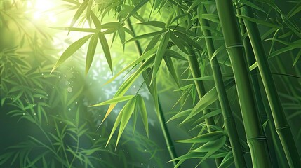 Sunlight filtering through lush green bamboo forest, creating a serene and tranquil natural scene. Ideal for nature and outdoor themed projects.