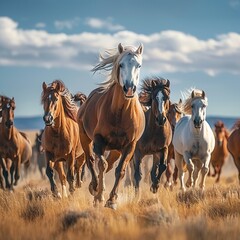 Fototapeta premium Experience the beauty of freedom as wild horses gallop freely across a vast grassland, their mane and tails flowing in the wind, embodying the untamed spirit and grace of nature.
