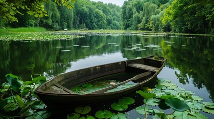 Tranquil lake scene with a boat in the middle, surrounded by lily pads and the lush green of the water plants.