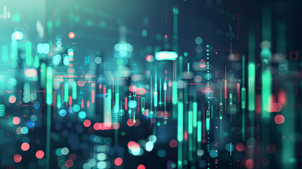 Fototapeta premium A vibrant, futuristic cityscape at night with digital stock market graphs and candlestick charts overlaid on a blurred background of neon-lit streets and skyscrapers