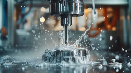 A a high-tech CNC milling machine in operation within a state-of-the-art manufacturing facility, focusing on an advanced milling bit carving intricate patterns into a titanium block.
