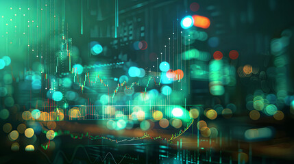 Fototapeta premium A vibrant, futuristic cityscape at night with digital stock market graphs and candlestick charts overlaid on a blurred background of neon-lit streets and skyscrapers