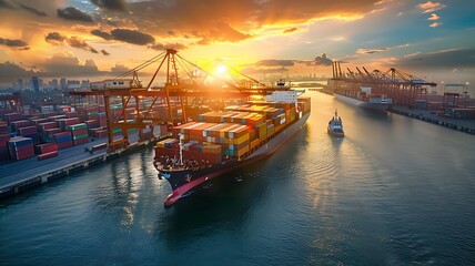 Fototapeta premium a massive container ship navigating through calm waters, symbolizing international transport and global trade, set against a backdrop of a bustling port