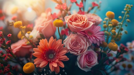 Fototapeta premium Vibrant close-up photo of a beautiful floral arrangement featuring pink roses, orange gerbera daisies, and yellow accents against a blurred background.