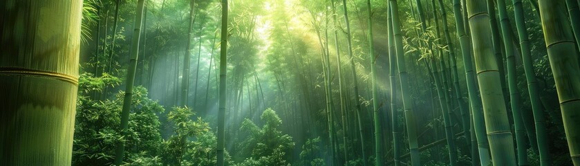 Obraz premium Serene bamboo forest illuminated by sunlight, casting a magical glow and creating a peaceful, natural sanctuary in lush greenery.