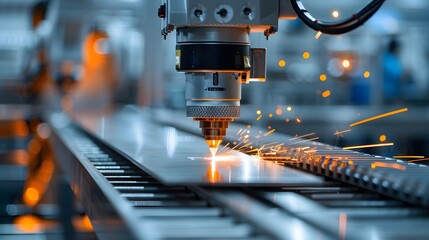 An automated robotic arm in a modern assembly line, spotlighting a laser cutter precisely etching designs onto a stainless steel sheet. the advanced technology behind the machinery and conveys.